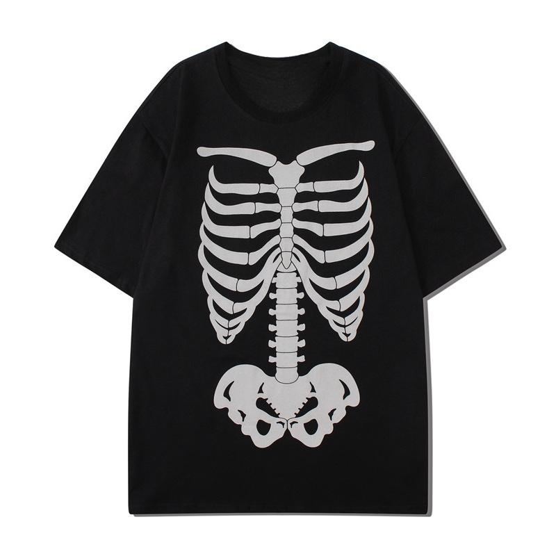 American Hip Hop Oversize Mourning 3M Bones Spine Skeleton Diablo Retro Mens and Womens Short Sleeve TShirt
