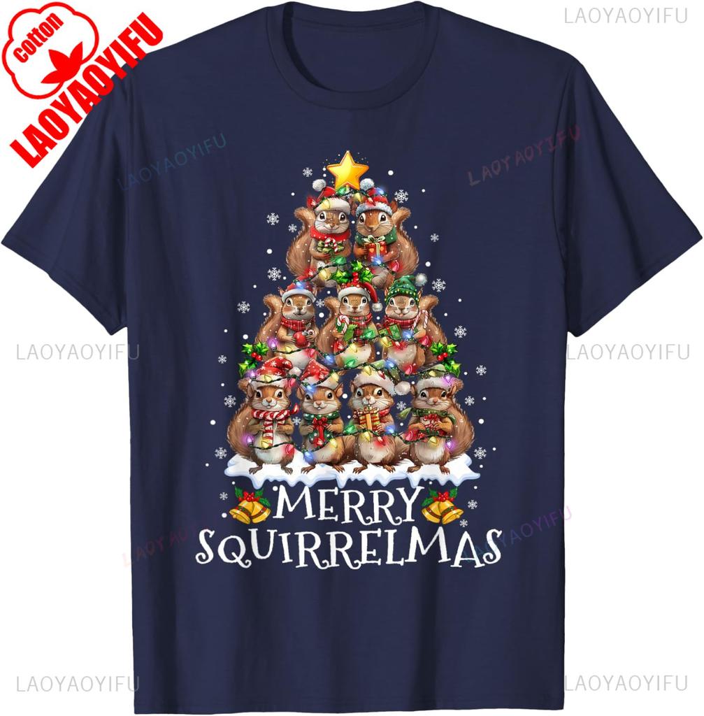 Funny Lovely Cartoons Squirrel Christmas Tree Lights Merry Squirrelmas Santa Xmas Crewneck Tops Tee Shirt Short Unisex Adult