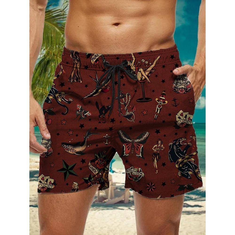 2026 Summer New 3d Tattoo Retro Print Men s Street Hip Hop Casual Shorts Men s Summer Swim Shorts Drawstring Casual Shorts XL