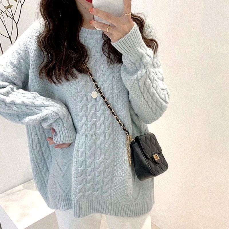 Thickened soft waxy gentle sweater women's autumn and winter top loose retro lazy twist bottomed knitted sweater jacket