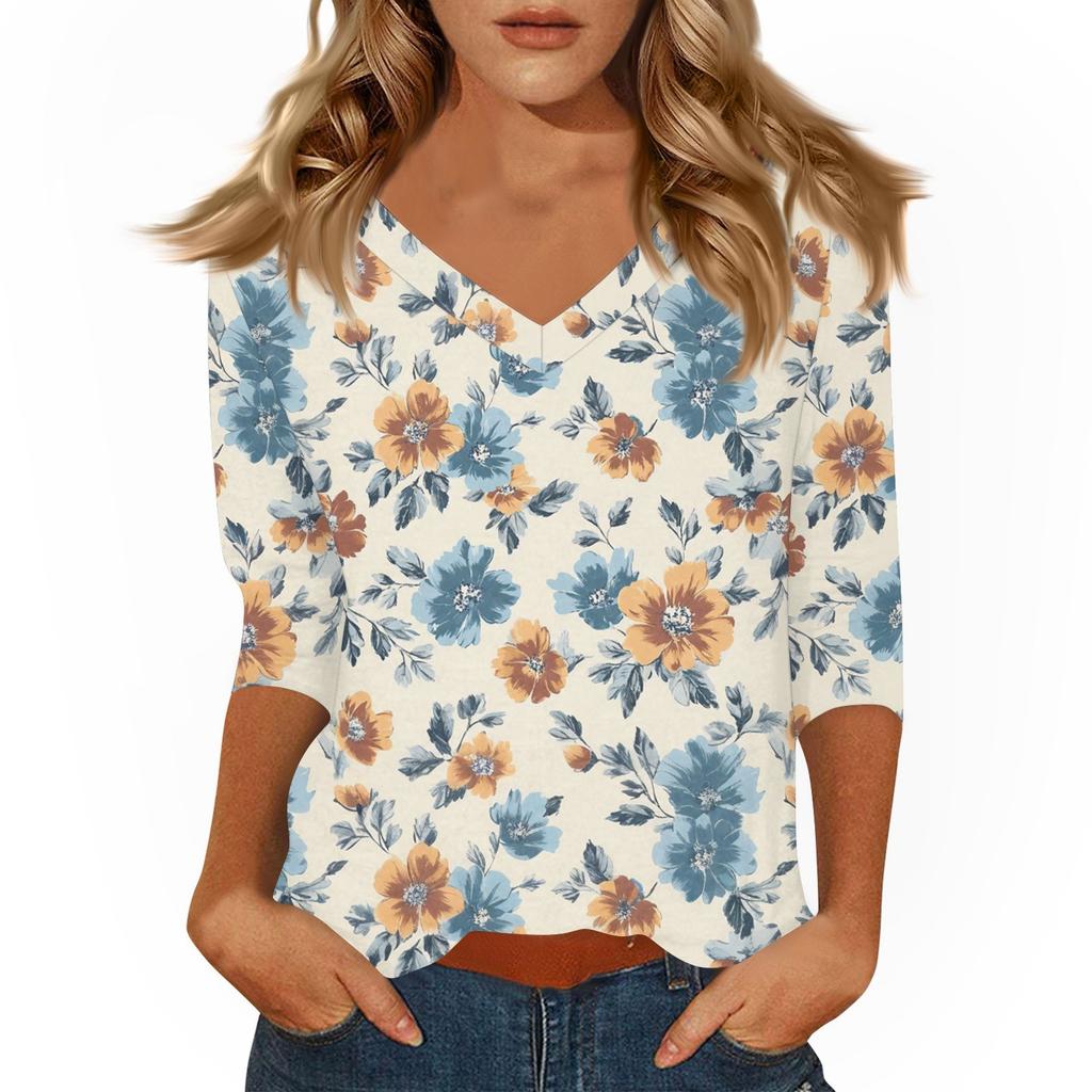 Women's Tops Three-quarter Sleeve Shirt V-neck Loose Casual Shirt Print T-shirt