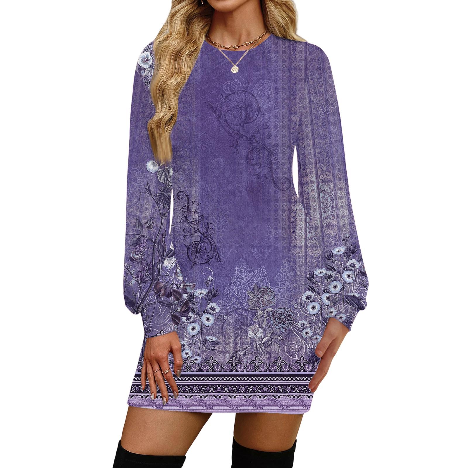 

Женское модное повседневное платье с круглым вырезом и длинными рукавами M фиолетовый