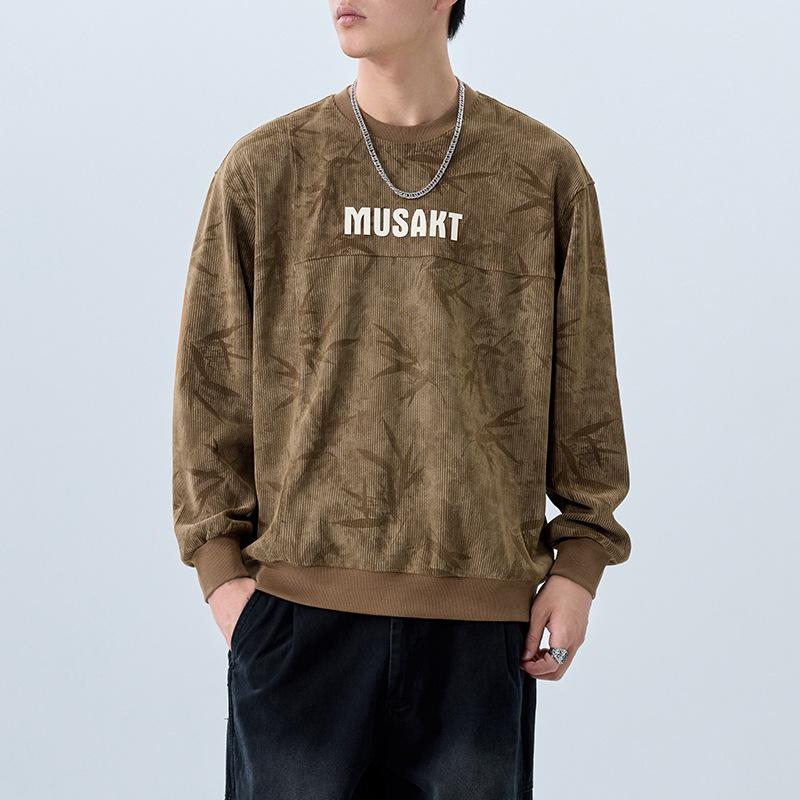 American Retro Heavy Crew Neck Sweater Men'S Loose Texture Printing And Dyeing Casual Top Trendy Men'S Clothes