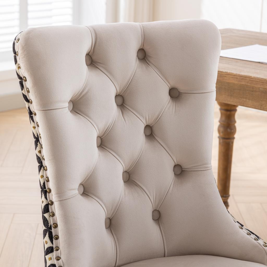 Dining Chairs Set of 2, Hand-Tufted Velvet, Back with Gold Thread Geometric Pattern, Nailhead Trim & Metal Pull Ring, Solid Wood Legs, DE2201BG
