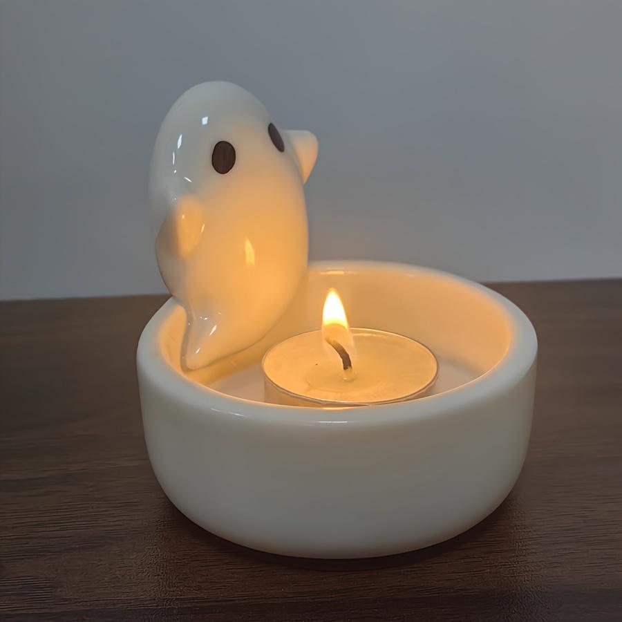 1pc, Ceramic Ghost Tea Light Candle Holder, Decorative Spooky Themed Home Decor Accessory, Round Base, For Halloween & Year-Round Display