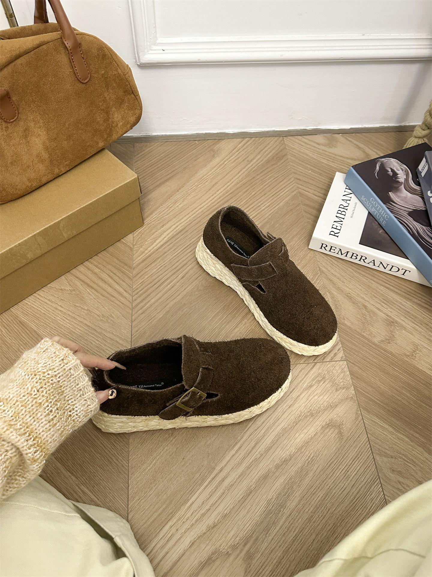 

Old Qian Fengpo Heel Loafers Women s 2025 New Mao Mao Platform Belt Buckle Linen Straw Fisherman Shoes 40 темно-коричневого кольору