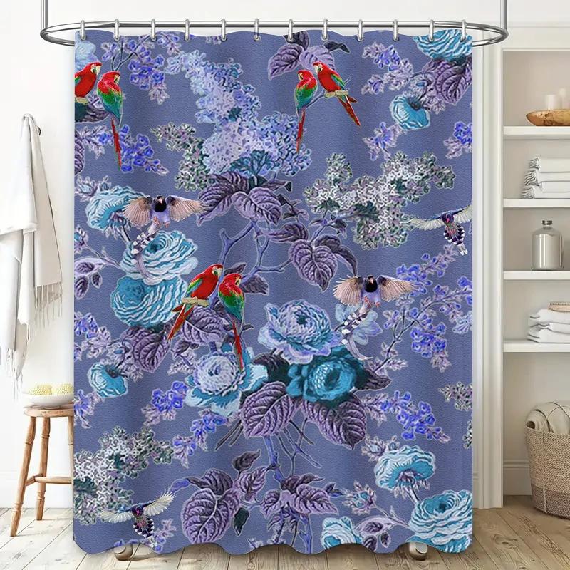 

Artistic Blue Floral Shower Curtain Set For Bathroom Decor Luxury Design Bath Rug And Accessories Kit Included W60H190(CM)-1 Pcs