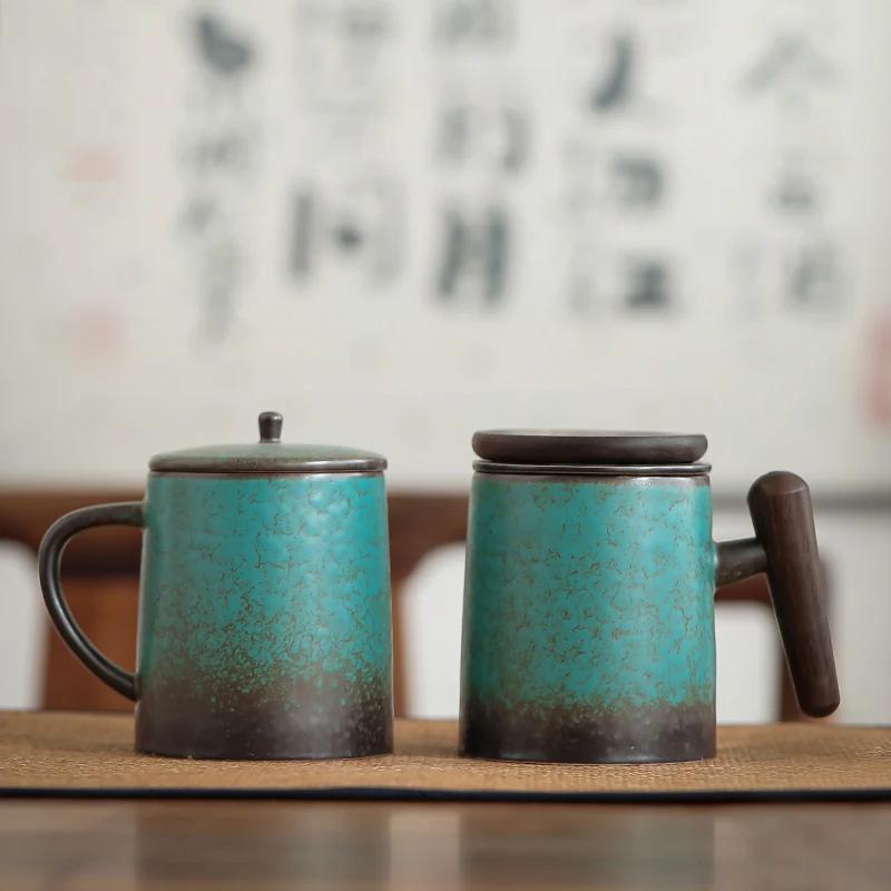 Retro Ceramic Aesthetic Mug Bubble Tea Cup with Cover Japanese Tea Water Elegant Original Mugs Coffee Cups Espresso Kiln Baked Wood Handle Gift