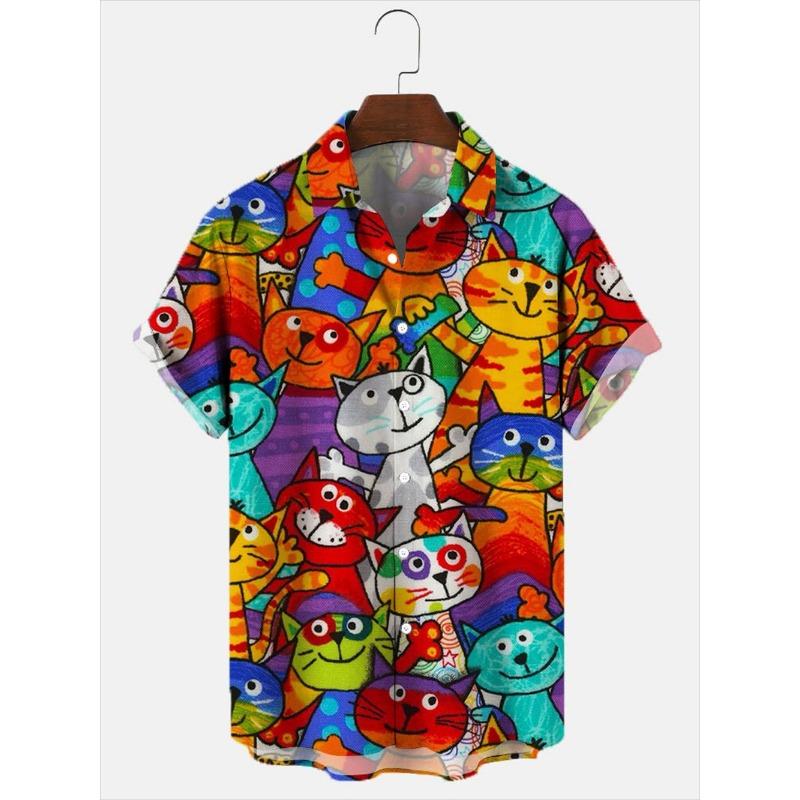 Hawaii Men's Shirt Anime Shirt Cartoon Short-sleeved Tops Summer Casual Men's Clothes Street Animals Cats Retro 3d Tees