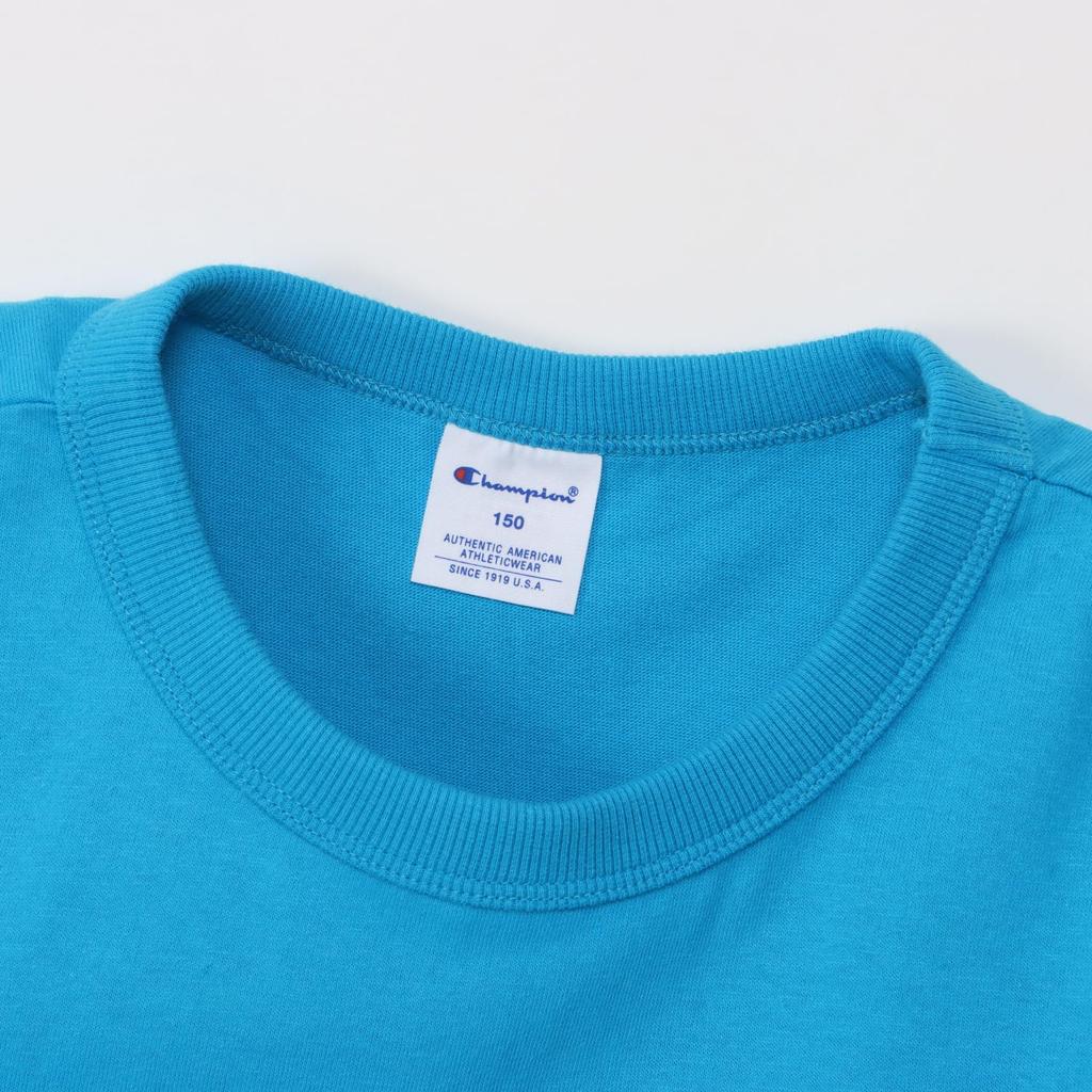 Champion Script Logo Short Crew Binder Rubber Aqua Size 160 Kids' T-Shirt, Sleeve, Neck, 100% Cotton, Neck, Print, Basic, Blue, (CK-Z302)