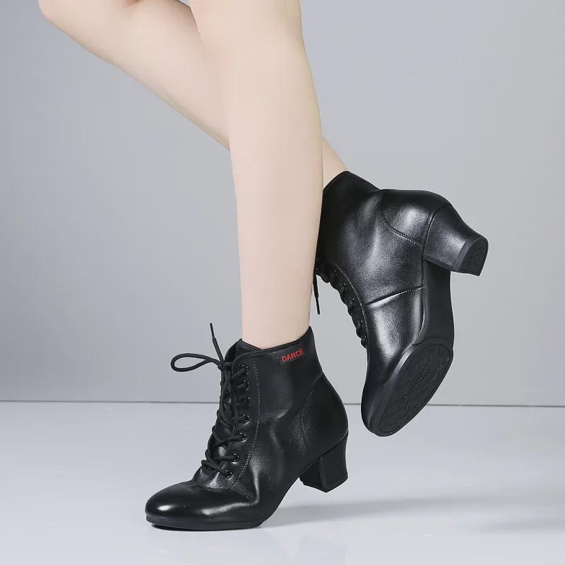 Women's Square Dance Shoes: Medium/High Heels, High Tops, Soft Sole, Embossed Leather, Ideal for Middle-aged/Elderly, Perfect for Autumn/Winter.