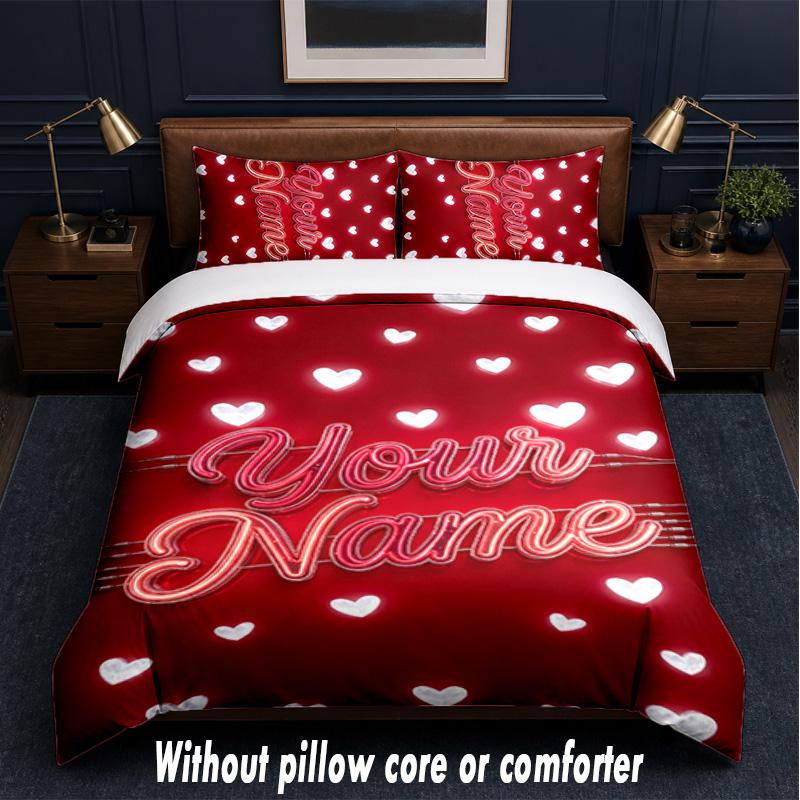 Valentinstag Liebesthema Benutzerdefinierter Text Oder Name 3-teiliges Bettwäsche-Set, 1 Spannbettlaken & 2 Kissenbezüge Personalisierte Heim-Bettwäsche