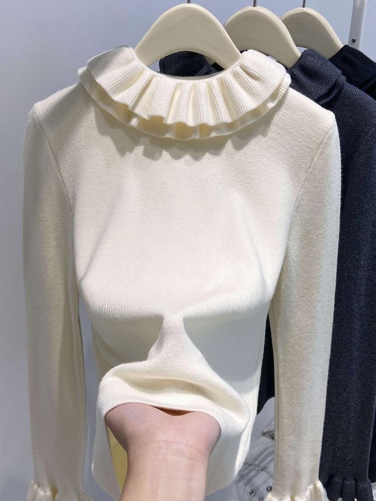 Premium Ruffle Edge Long-sleeved Knitted Sweater for Women's Autumn and Winter New Inner Sweater Bottoming Top