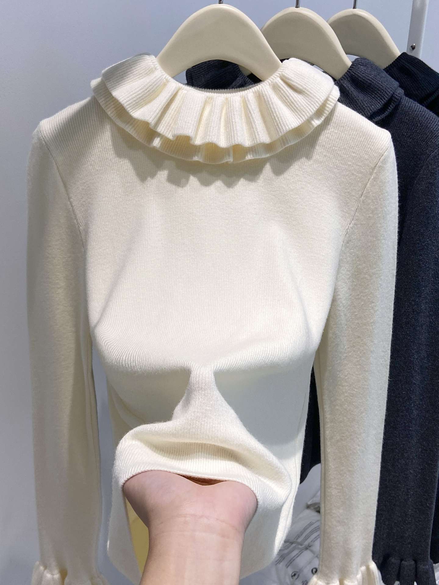 

Премиальный вязаный свитер с длинными рукавами и оборками для женщин, новая осенне-зимняя базовая кофта L абрикосовый