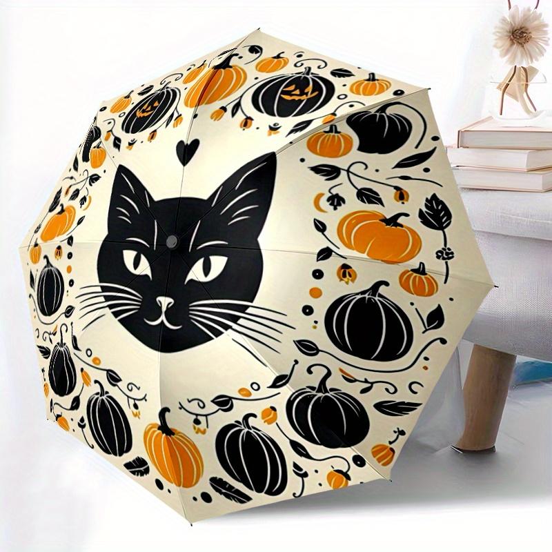 1pc Black Cat and Pumpkin Ideas Automatic 3-Fold Umbrella Design, Cute Cartoon Pattern, Portable Outdoor Umbrella, Perfect, Holiday Gift for Disn