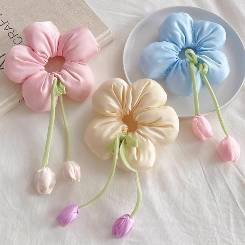 Sweet Gentle Women Tulip Flowers Ribbons Hair Scrunchies Fairy Bowknot Streamers Hair Ribbons Ponytail Holder Hair Accessories