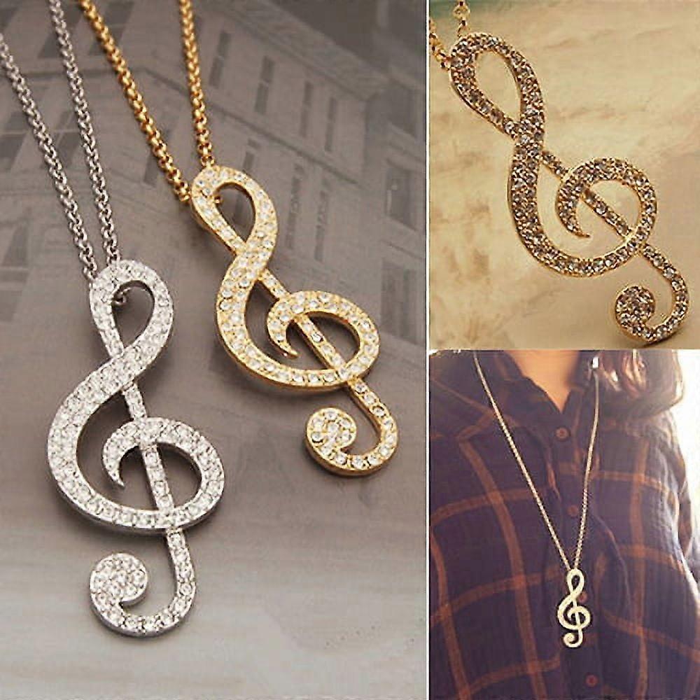 harmtty Fashion Women Fully Rhinestone Music Note Pendant Long Chain Sweater Necklace,Silver