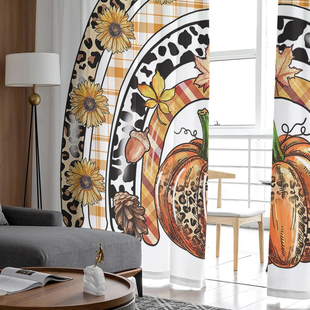 Thanksgiving Pumpkin Sunflower Leopard Skin Sheer Curtains Bedroom Living Room Voile Window Curtains Tulle Curtains for Kid Room