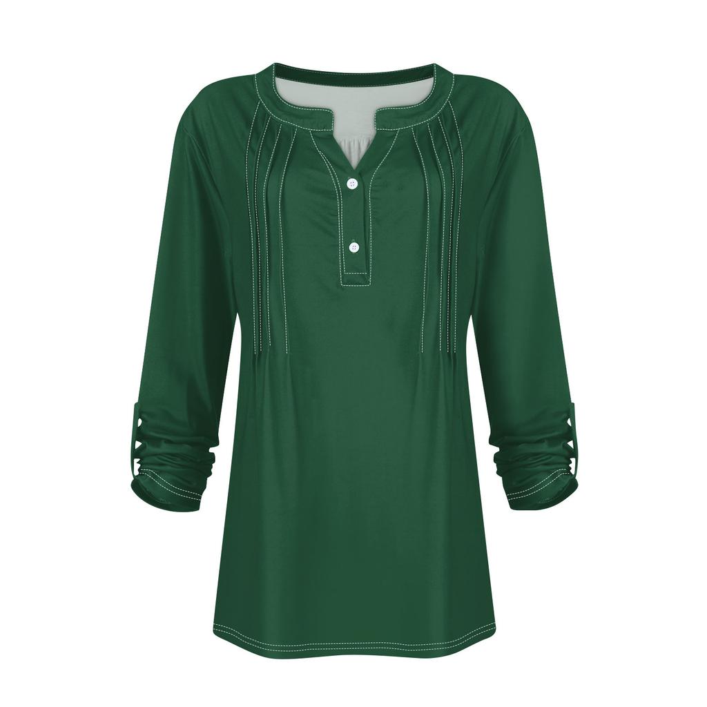 Women's Fashion Casual Colour V-Neck Long Sleeve Button Down T-Shirt Top