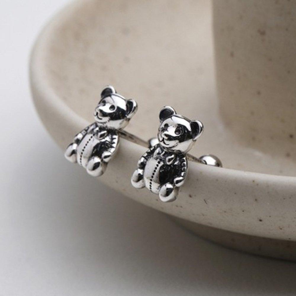 [Aslit] Silver Piercing Earrings, 925 Sterling Silver Antique Bear Friendship Gift