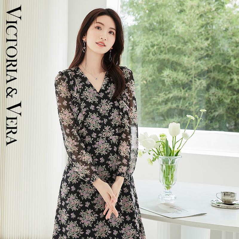 

VICTORIA&VERA Women s Elegant Floral V-Neck Long Sleeve Dress M