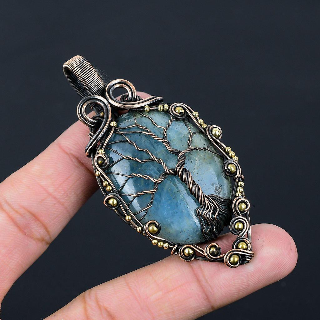 Tree Of Life Aquamarine Gemstone Pure Copper Wire Wrapped Handmade Pendant Jewelry For Her