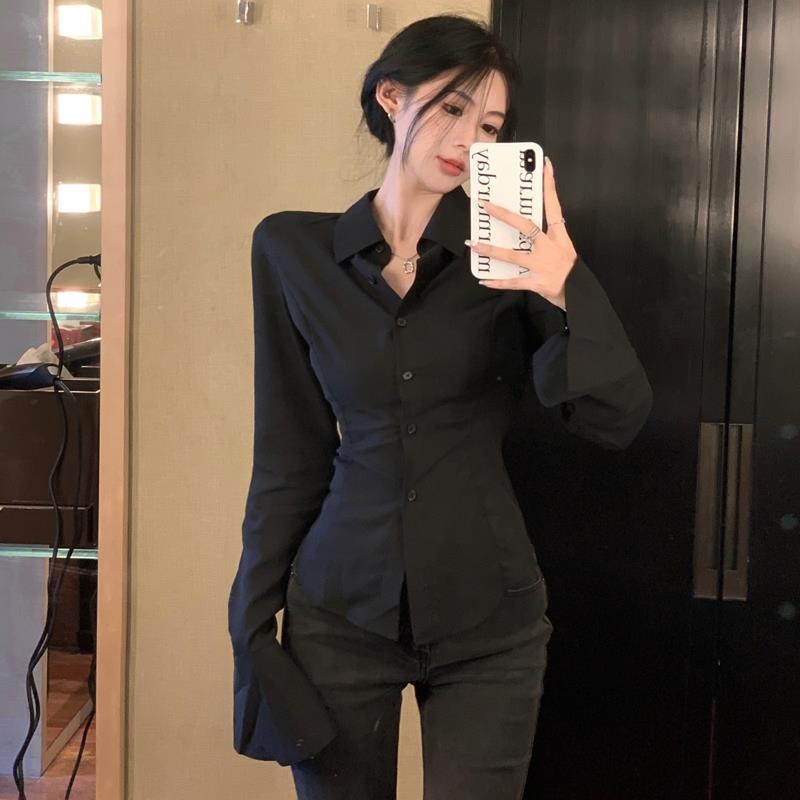 Pure Desire White Flared Sleeve Waist Cinched Shirt for Women's Breakfast Design Niche Black Slim Fit Shirt Top