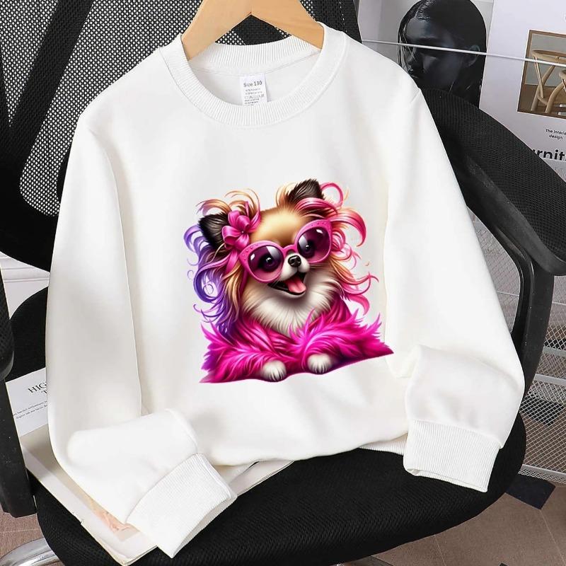 Kids Crewneck Sweatshirt, Cute Dog with Pink Fur Bow & Glasses Graphic Print,Spring Autumn Casual Sport Tops