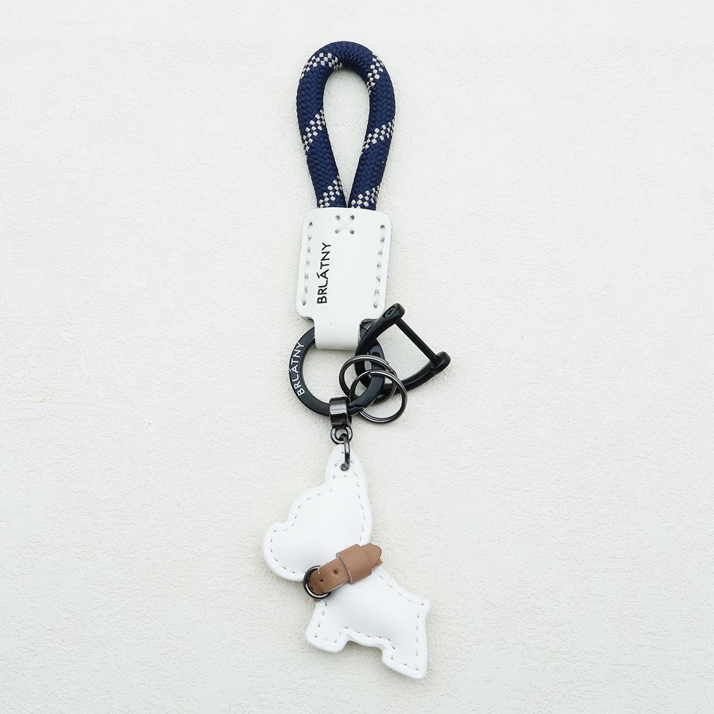 Handmade French Bulldog Genuine Leather Keychain with Anti-Lost Woven Rope Lanyard.