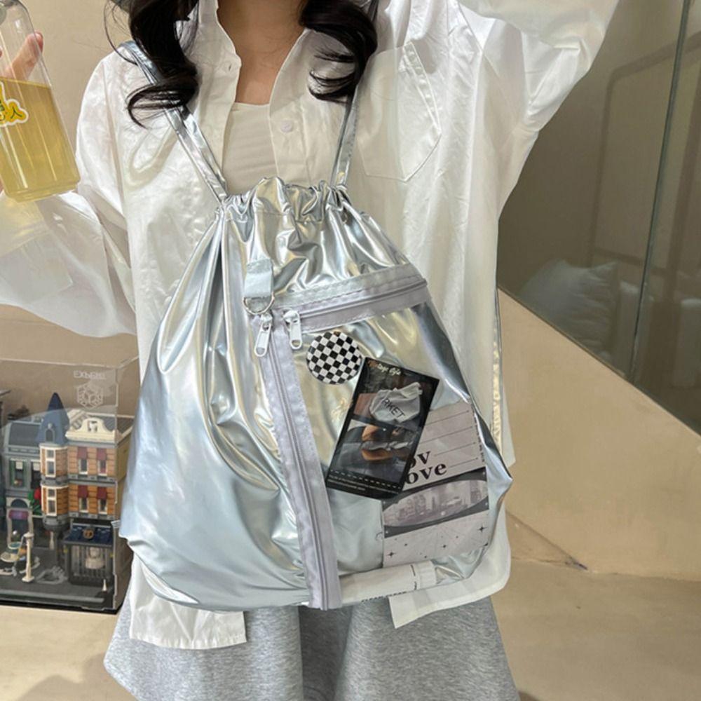 Transparent Pocket Korean Style Itabag Silver PU Shoulder Bag Portable Drawstring  Backpack  Women