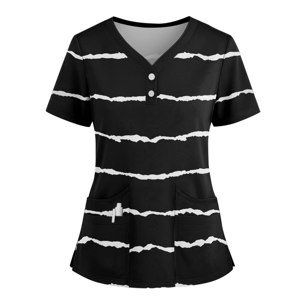 Women's Loose Short Sleeved Fashionable Square Printing V-neck Buttonable Side Slit Top T-shirt