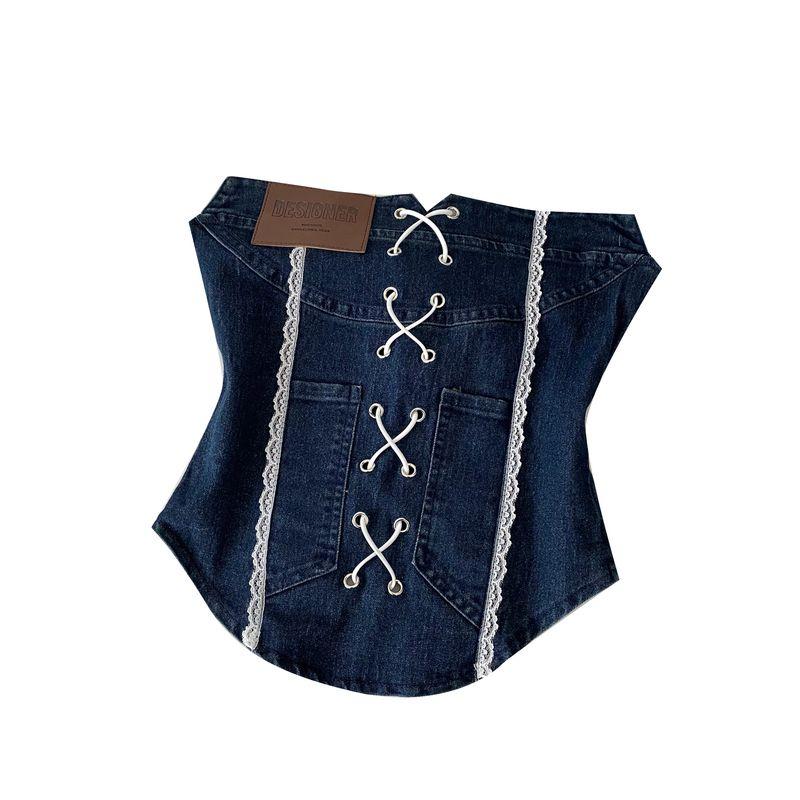 American vintage Gyaru Lace Stitching Denim Tube Top Women Summer Pure Want Bandage Waist Hugging Slim fit Sleeveless Vest