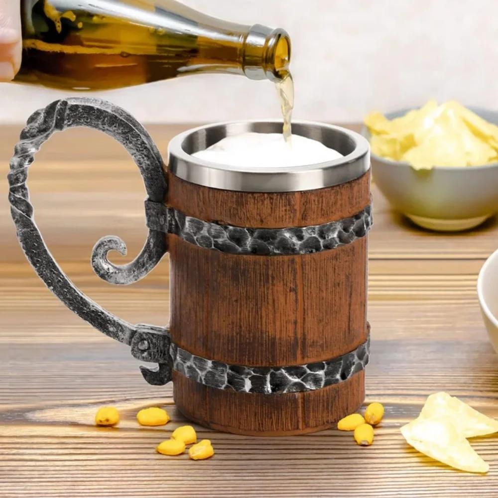 Viking Beer Mug Stainless Steel Cup with Resin Craft, Medieval Theme Tankard for Bar Decor, Unique Gifts for Men, Halloween Gift