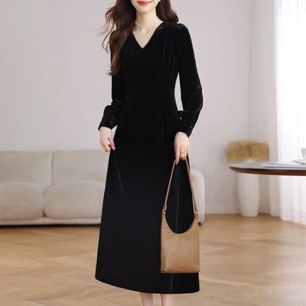 NaVaVa Women VelVet V Neck Shirring Long sleeVe Dress No955