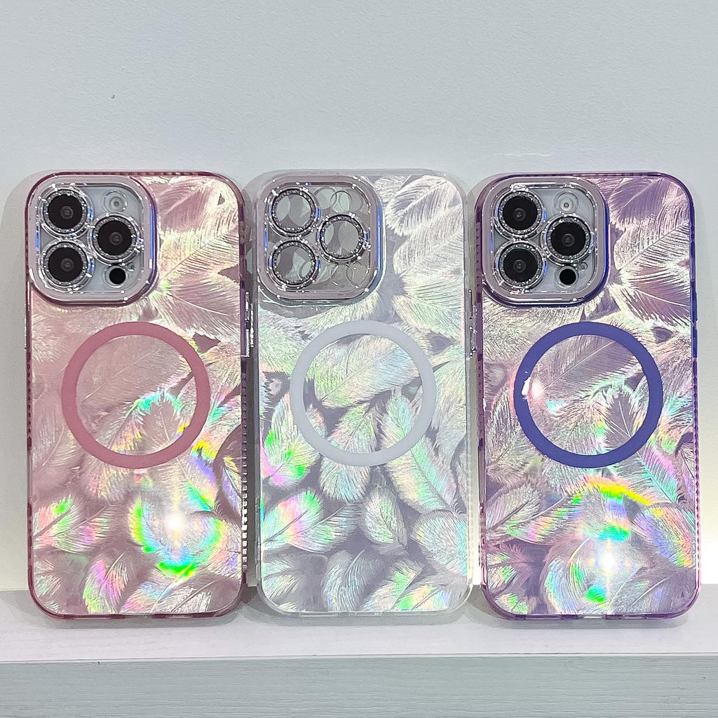 Feather Pattern Suitable for IPhone16promax Magnetic Phone Case Apple 15 with Electroplated Flash Powder Lens Film