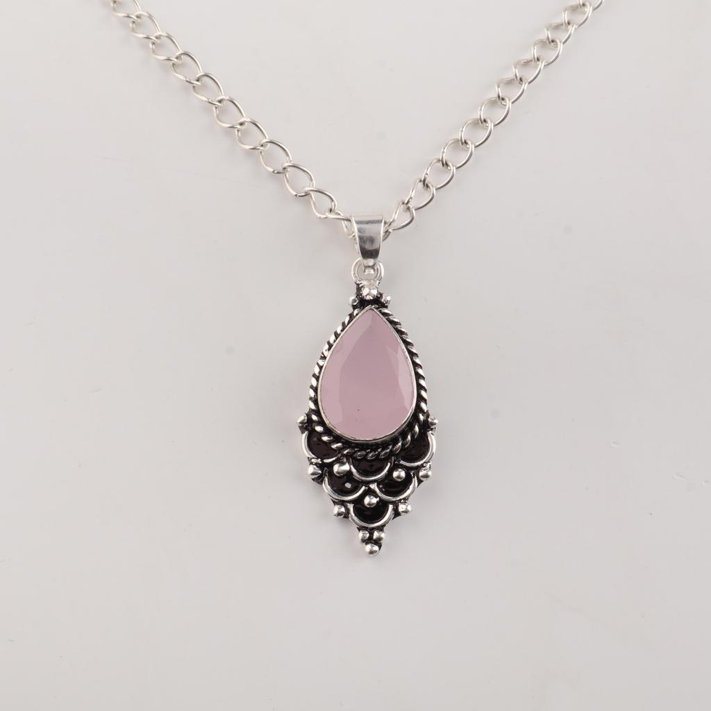 Rose Chalcedony Gemstone 925 Sterling Silver Handmade Designer Pendant 1.5" For Gift PP-70-18