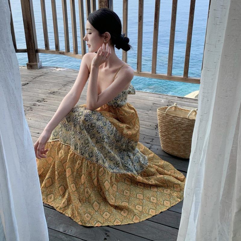 Summer New Vacation Loose Thin Suspender Long Skirt Collar Printing Layered Splicing Temperament Floral Dress Women