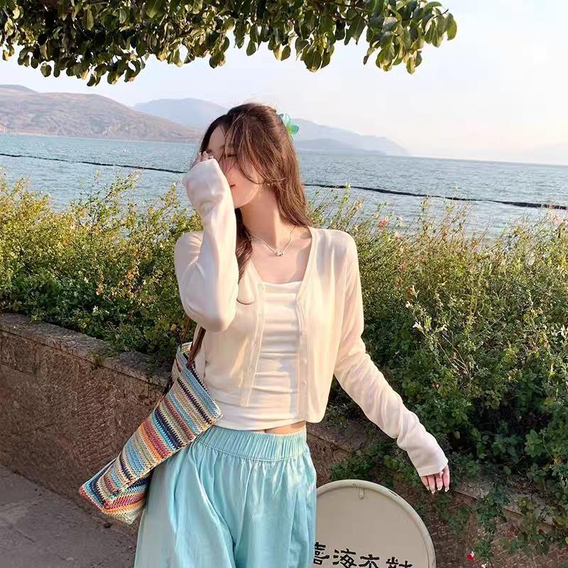 

весна лето вязаный кардиган женские свитера однотонные тонкие кондиционер чехол рубашка повседневные тонкие пуговицы шаль свитер укороченные топы One Size