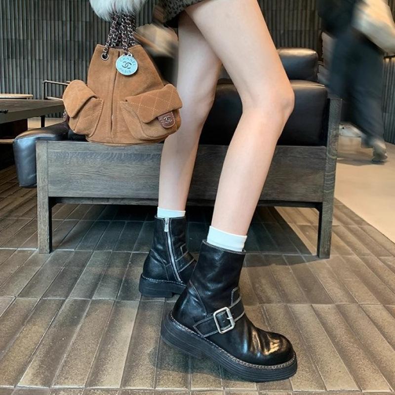 ! Schuhe Pferdeleder Runde Spitze Grober Absatz Lokomotiv Kurze Stiefel Gürtelschnalle Leder Mittelhohe Stiefel Damen