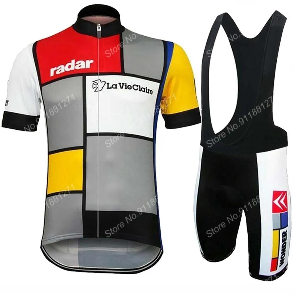 Zestaw Koszulka Retro La Vie Claire Rowerowa Męska Letnie Ubrania Koszulki na Rower Szorty na Szelkach MTB Ubrania Ropa Ciclismo