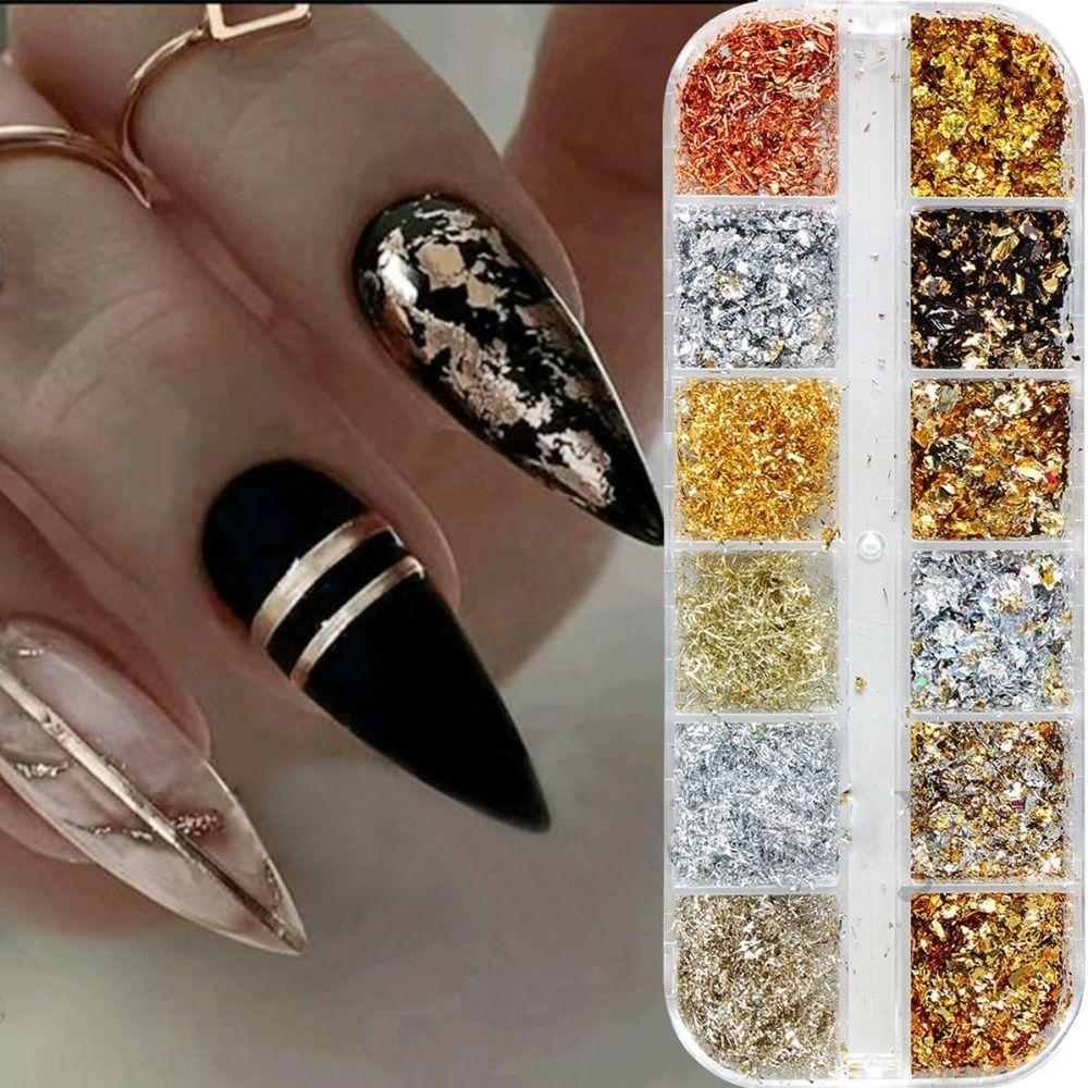 Holographic Nail Glitters Sequins 12 Grids Nail Art Flakes Nail Glitter Gold Foils  DIY Manicure