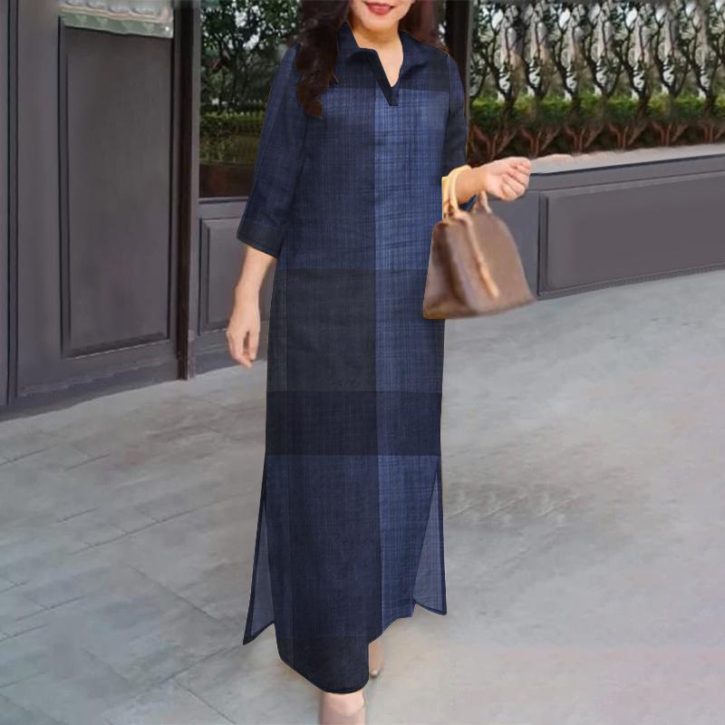 

ZANZEA Женское повседневное платье с отложным воротником и рукавом 3/4 в сетку 5XL тёмно-синий