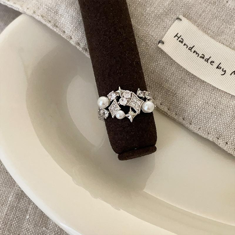 Zircon Pearl Metal Open Ring Women'S Niche Design Sense Personality Light Luxury Versatile Temperament Fashion Ring Ring