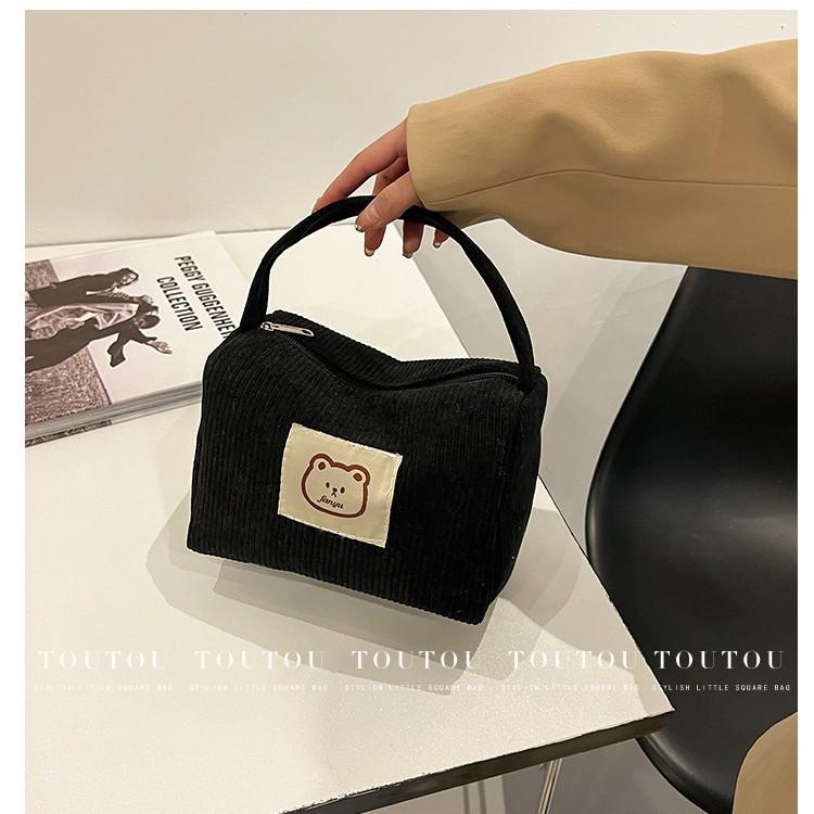 Korean Cute Bear Corduroy Makeup Bag - Portable, Multi-functional, Fresh, Sweet Design for Women
