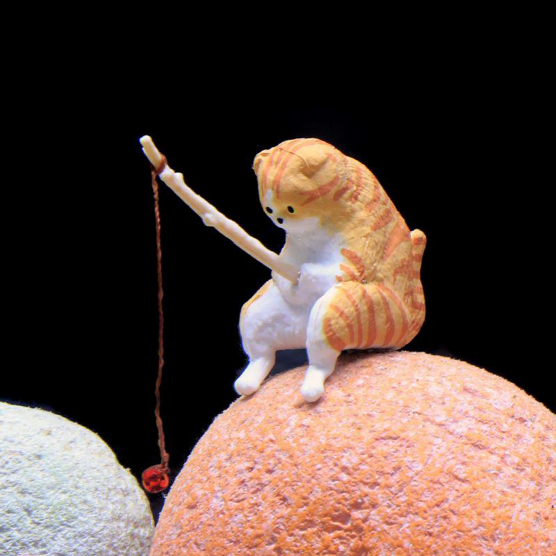Fishing Cat Ornaments Aquarium Decoration Fish Landscaping Cartoon Cat Statue Mini Resin Figurine Home Decorations