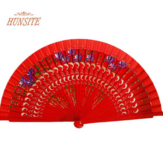 

Складной веер, выдолбленный двухсторонний ремесленный подарок, танцевальная печать, деревянный испанский ручной веер, товары для вечеринок красный