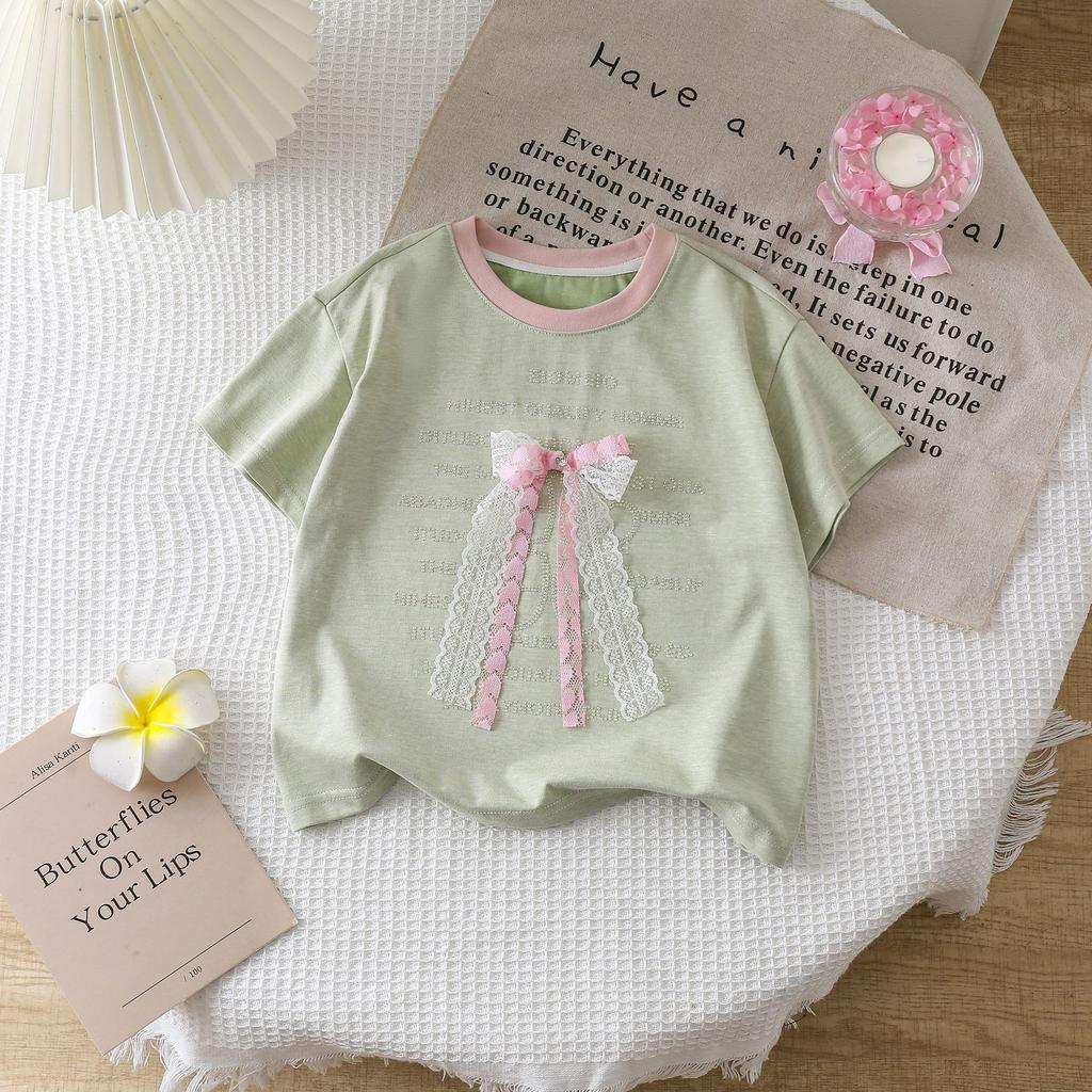 Girls' T-shirt Korean Summer Clothes Girls' Design Sense Short Sleeved Bow Top