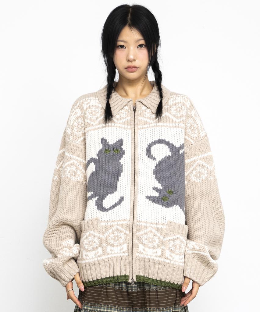 GLACK Gznt003 Ato Cat Cowichan Knit Zip-Up (Beige)