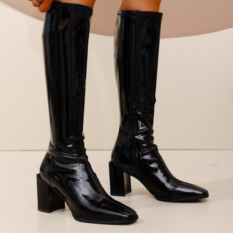 Módní dámské kozačky na vysokém podpatku z lakované kůže nad koleno Podzimní móda Čtvercová špička Dlouhé boty Dámské Zip Blokový podpatek Společenské šaty Boty