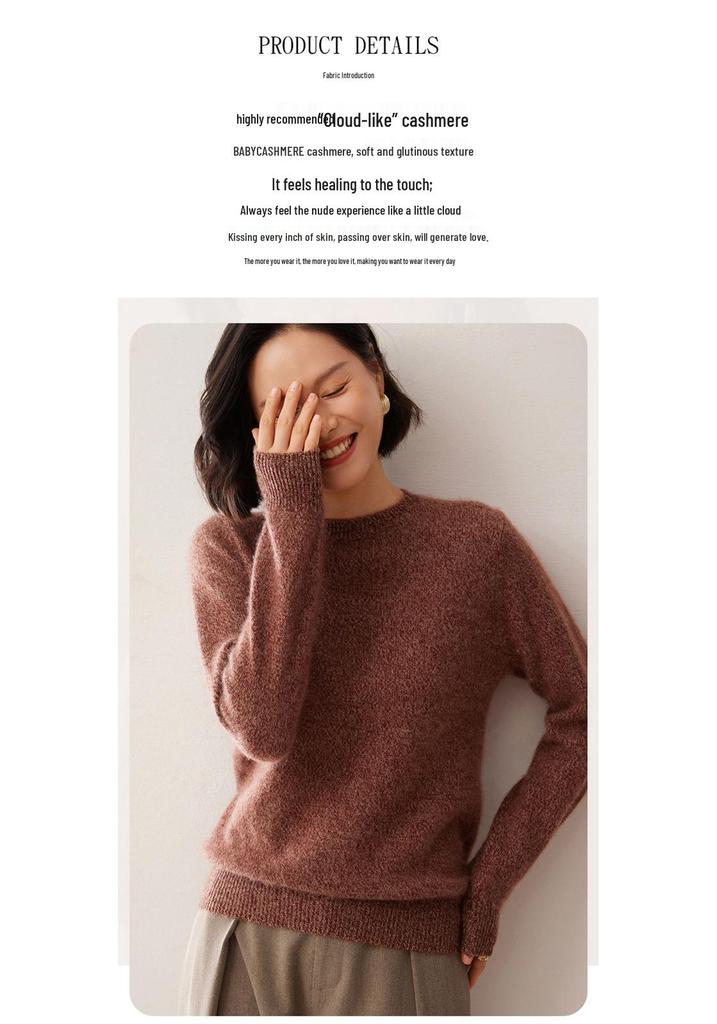 Women's Loose Fit Cashmere Sweater – Flower Yarn Round Neck Long Sleeve Pullover